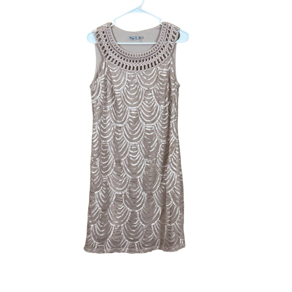 Eliza J Scalloped Designed Champagne Metallic Dress‎ Size 12p EUC